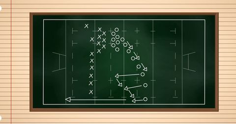 Rugby strategy play on chalkboard styled diagram