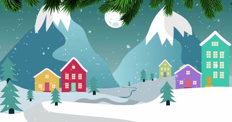 Moonlit mountain village with glowing colorful houses on snowy hillside at night