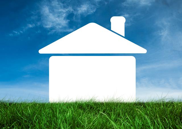 This image features a vector home sign placed on green grass with a blue sky and clouds in the background. Ideal for use in real estate promotions, housing advertisements, environmental campaigns, and outdoor-themed projects. The clean and simple design makes it versatile for various marketing materials and digital content.
