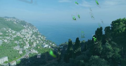 Digital Interface Overlay on Coastal Cityscape