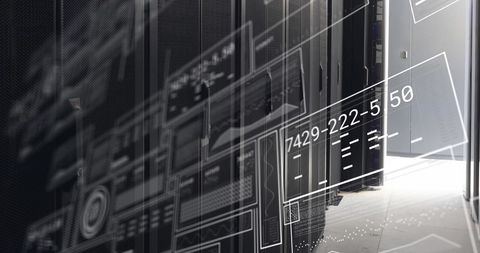 Data Interface and Virtual Screen Overlay in Server Room - Download Free Stock Images Pikwizard.com