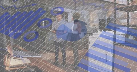 Office team collaborating on tablet with blue analytics grid and dashboard overlay