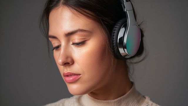 Contemplative woman wearing metallic headphones and beige turtleneck tilting head downward