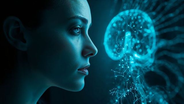 Gazing woman facing holographic neural network brain visualization for ai concept