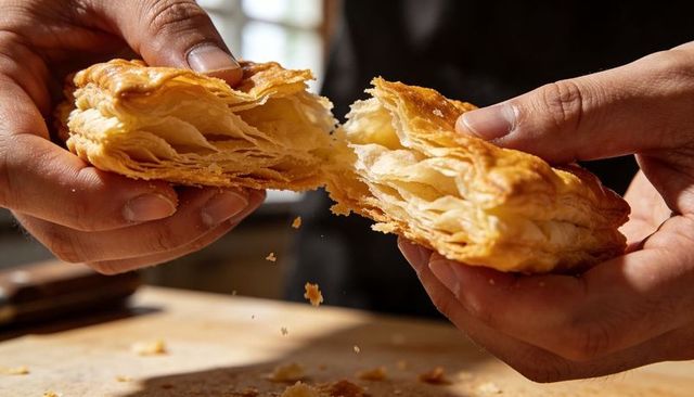 Hands pulling flaky puff pastry showing golden layers and falling crumbs