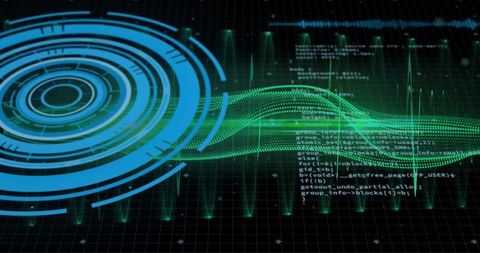 Neon HUD Interface with Green Waveform and Code Overlay for Futuristic Analytics Dashboard