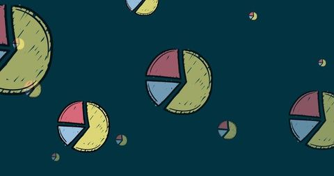 Colorful hand-drawn pie charts on blue background