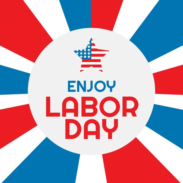 Vector image of star shape flag, enjoy labor day text with red and blue patterns, copy space. Flag of america, federal holiday, honor and recognize the american labor movement, celebration.