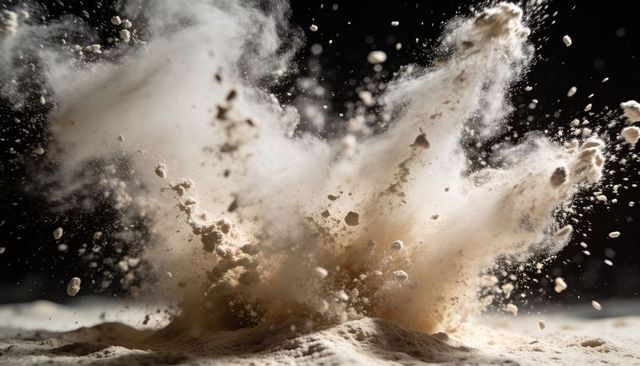 Erupting beige powder plume capturing flying granules and dramatic dust explosion