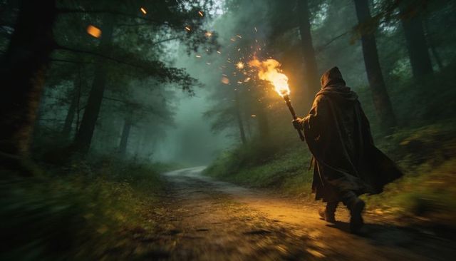 Hooded wanderer carrying torch on misty forest path at dusk - cinematic fantasy journey