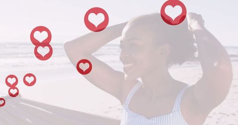 Woman enjoying beach vacation with social media icons