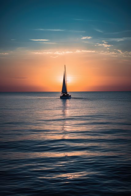 Sunset sky over sailing boat and ocean, created using generative ai technology. Sunset landscape, seaside, summer and nature concept digitally generated image.