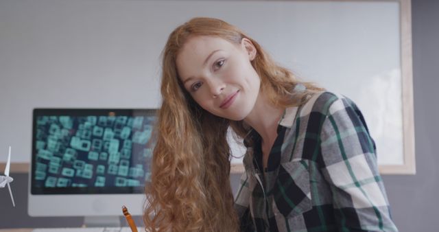 Young Woman Working at Desk with Computer in Office - Download Free Stock Images Pikwizard.com