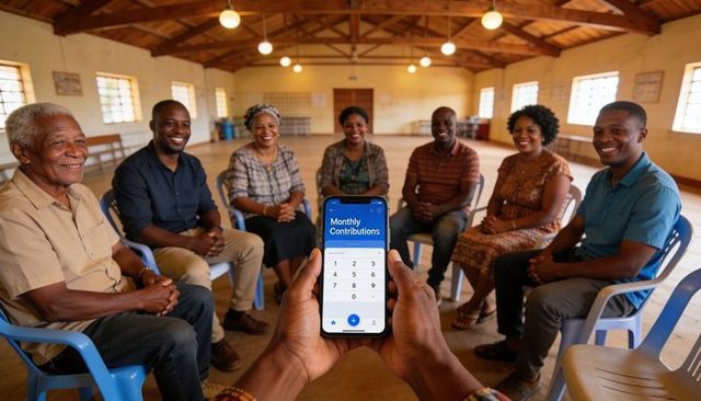 Holding smartphone showing monthly contributions app while community group meeting in hall