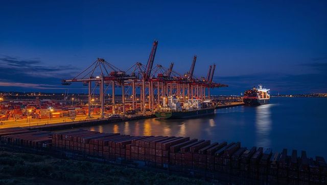 Nighttime container terminal with illuminated gantry cranes and docked cargo vessels