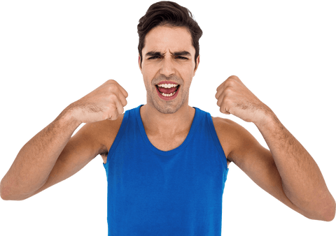 Smiling Man Flexing Muscles on Transparent Background