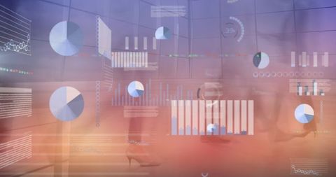 Blurring Financial Charts with Diverse Business People Walking in Digital Interface Concept