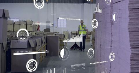 Warehouse worker operating pallet jack with augmented reality hud for inventory analytics