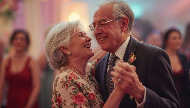 Elegant senior couple slow dancing at wedding reception