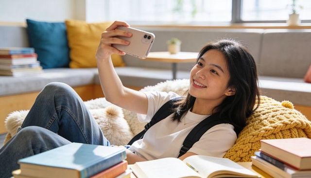 Smiling asian teen taking selfie while studying in cozy lounge with books and cushions
