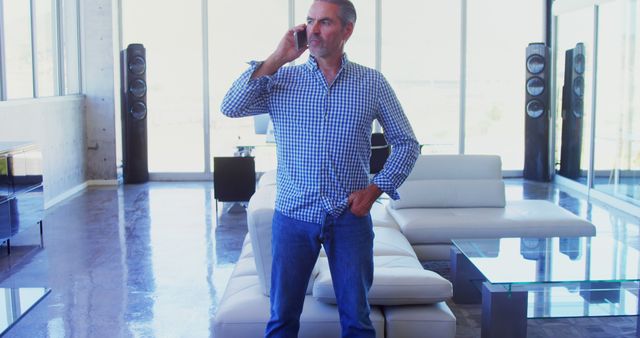 Mature Man Talking on Phone in Stylish Modern Living Room - Download Free Stock Images Pikwizard.com