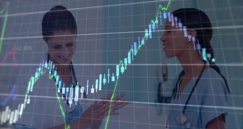 Financial Data Overlay on Medical Professionals Discussing Innovations