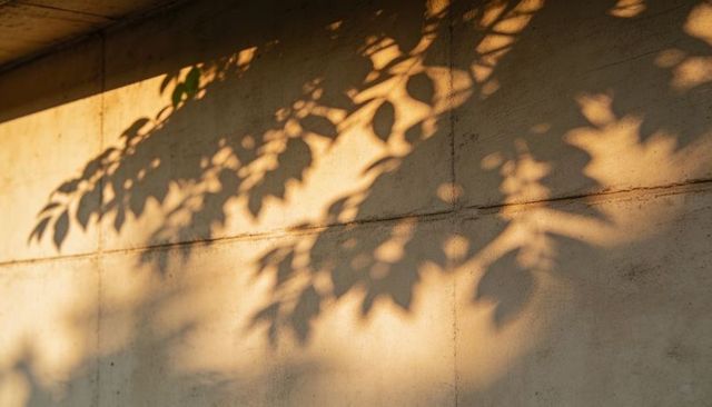 Casting warm tree leaf shadows across sunlit concrete wall with visible seams and soft golden glow