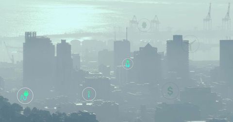Hazy coastal city skyline with port cranes and green energy UI overlay concept for smart city planni