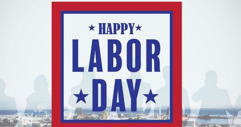Happy labor day card with cityscape and silhouettes
