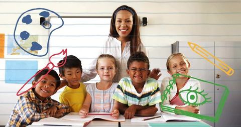 Cheerful Teacher Engaging Multicultural Classroom with Creative Learning