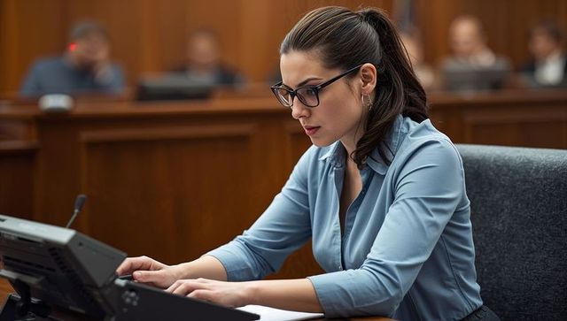 Court reporter transcribing trial testimony on stenotype console, focused legal professional