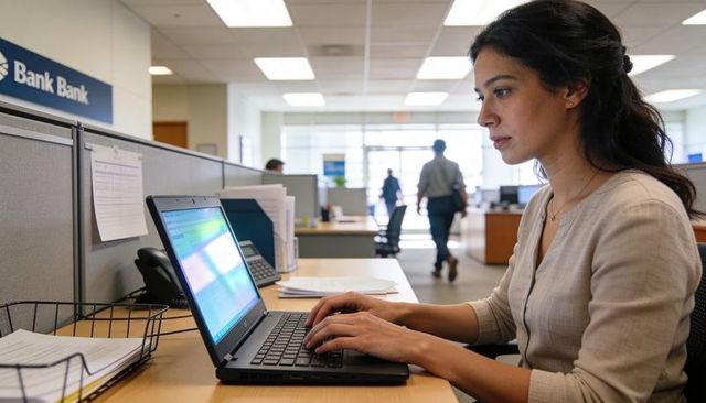 Bank clerk typing on laptop at open-plan branch desk for customer service and data entry