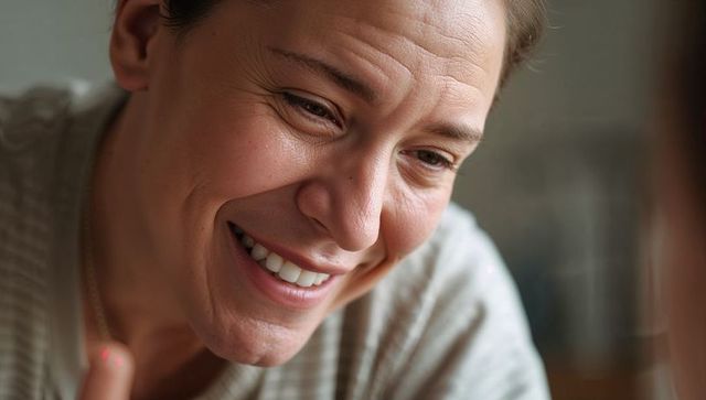 Smiling woman leaning forward wearing gray striped top and gold chain closeup portrait
