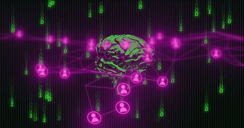 Neon Neural Network Brain Linking User Nodes over Falling Binary Code Matrix