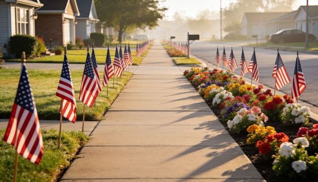 American flags lining sunlit suburban sidewalk with colorful flower beds for patriotic display