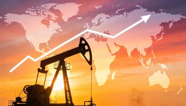 Oil pumpjack silhouette driving global energy market growth with rising trend arrow