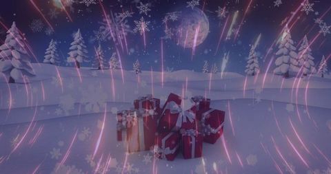 Christmas gifts on snow at night with moonlit pine trees