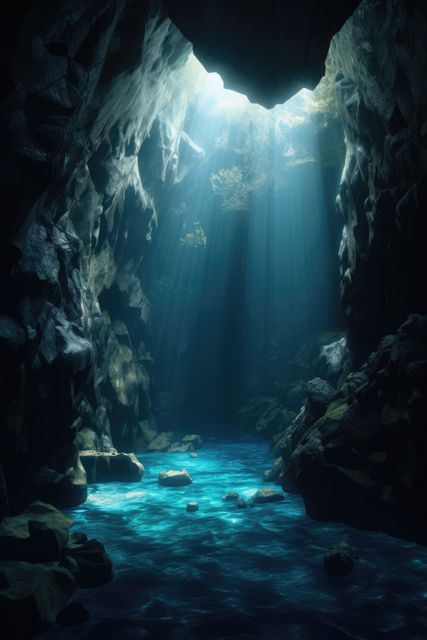 Sunlight beams through an opening in a rocky cave, illuminating the clear blue water below. This mystical and tranquil scene highlights the natural beauty and geological formations of the cave. Ideal for use in magazines about nature, adventure travel promotions, wallpapers, or meditation content.