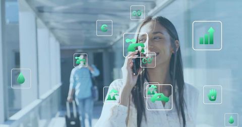 Smiling Woman on Phone Surrounded by Eco Icons Annotation Imagery