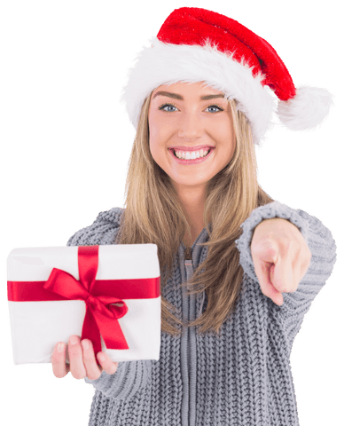 Festive Woman in Santa Hat Holding Transparent Christmas Gift