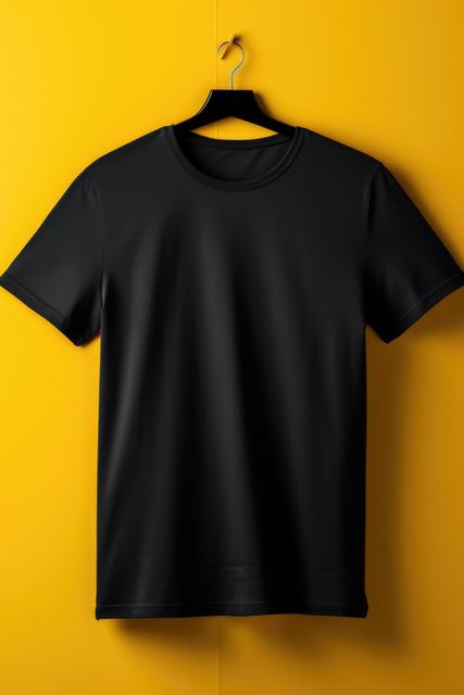 Black t-shirt hanging on yellow background, ideal for mockups or showcasing apparel designs. Perfect for online clothing stores, fashion catalogs, or product advertisements. Use to display custom prints, logos, or slogans while creating a visually striking contrast.