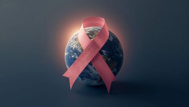 Earth wrapped with pink ribbon highlighting global awareness