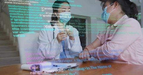 Doctor explaining anatomical model to masked patient with code overlay showing ai diagnostics