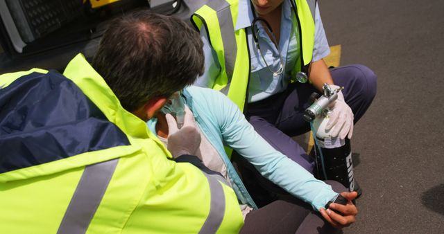 Patient receiving oxygen mask from ambulance team behind ambulance car - Download Free Stock Photos Pikwizard.com