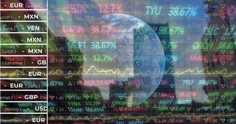 Rotating earth with currency pairs and financial data overlay