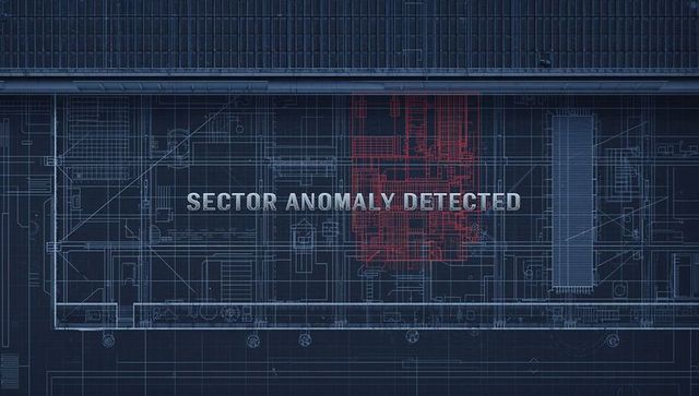 Hud blueprint displaying sector anomaly detected with red highlighted zone and schematic
