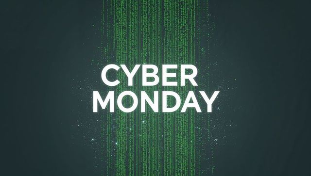Cyber monday banner featuring green matrix code, neon glow and minimalist typography
