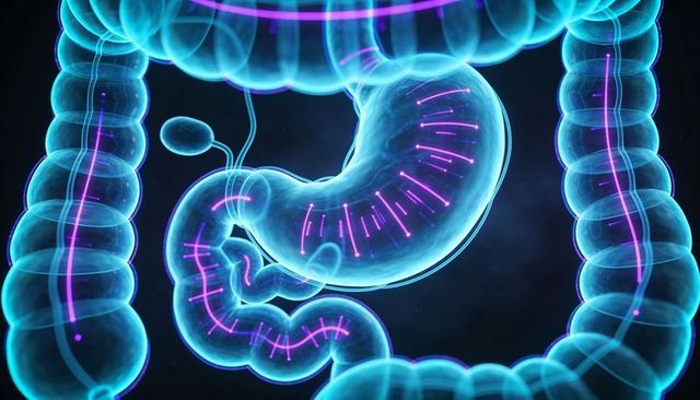Glowing translucent digestive tract with neon markers highlighting stomach and intestines