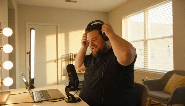 Podcast host adjusting headphones in warm home studio recording with microphone and laptop