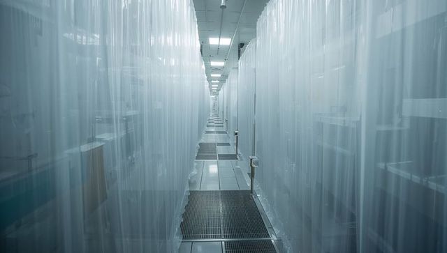 Leading cleanroom aisle with translucent plastic strip curtains and floor grates, minimalist corrido